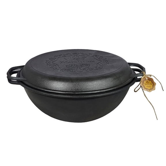 Stp Goods Cast Iron Cauldron with Pan Lid 8.5 Qt (8 L) Cast Iron Dutch Oven Kazan Cooking Pot Kitchen Pot Cookware Camping Kazan, Black