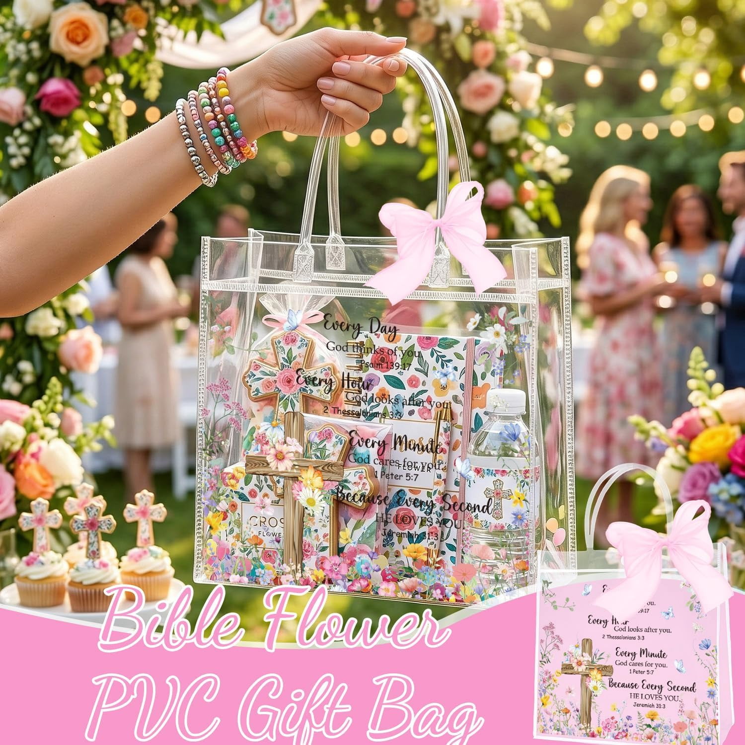 Christian Clear Gift Bags - 20 Pcs Religious Bible Flower Clear PVC Goodie Candy Treat Bags with Handle Inspirational Verse Handbag with Ribbon for Religious Baptism Themed Party Supplies