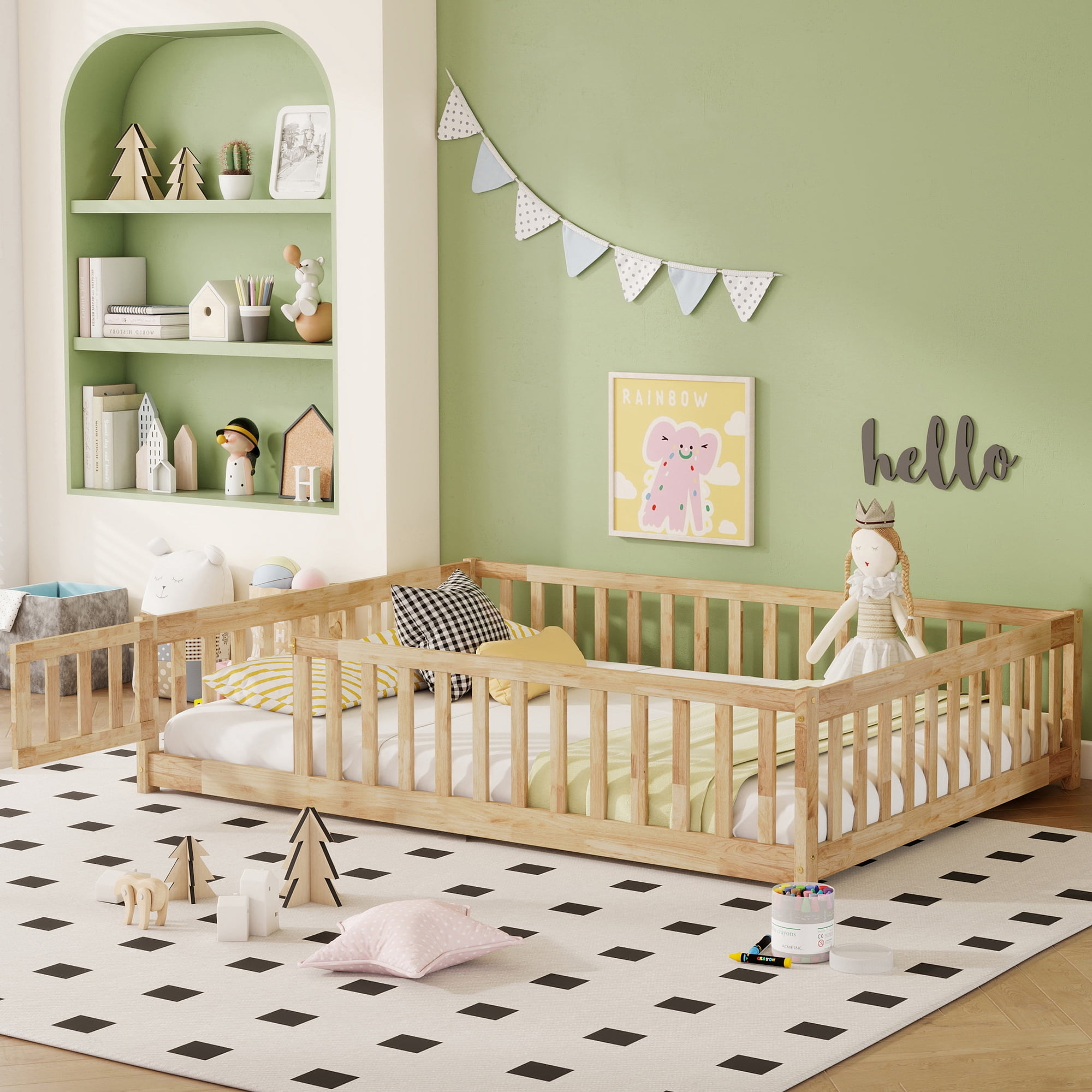 Natural Rubber Wood Full Size Kids Floor Bed with Surround Safety Fence & Access Door, 7 Wood Slats Platform Bed Holds 400LBS Fits ≤6 Inch Mattress No Box Spring Needed