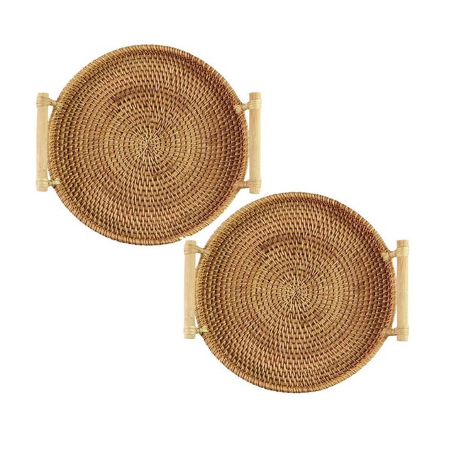 Oleegame 2PC Produce Storage Rattan Round Serving Tray Hand Woven Rattan Tray Serving Tray With Handles Wicker Tray Basket Tray For Bread Fruit Food Coffee Breakfast Display Yellow