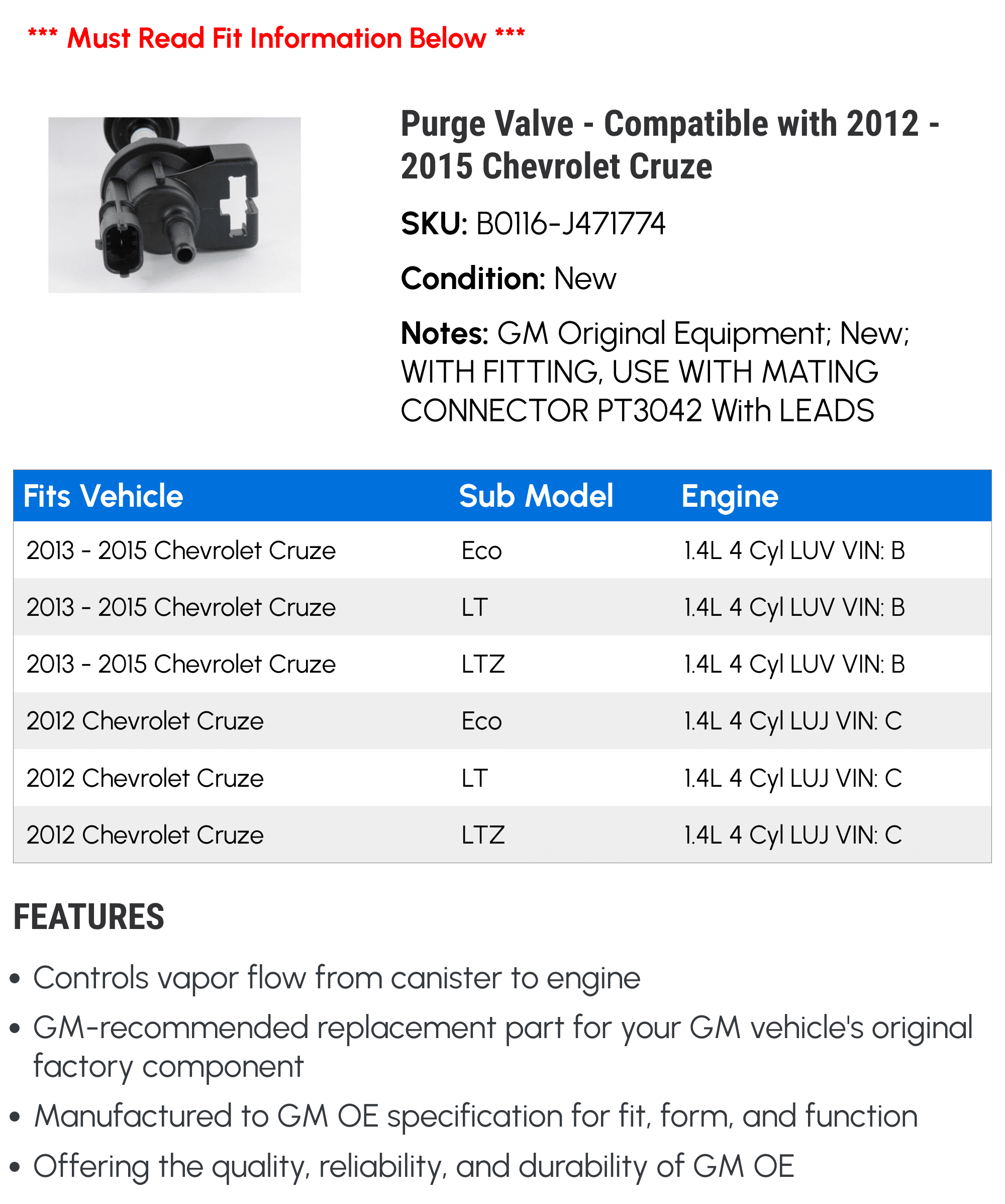 Purge Valve - Compatible with 2012 - 2015 Chevy Cruze 2013 2014