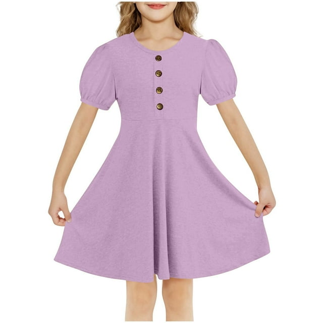 Floleo Robe Chemise d'Été Unie pour Filles, Col Rond, Manches Courtes, Jupes de Tous les Jours, Activités de Jeu, Coupe Confortable, Robe Décontractée pour Filles (Violet, 11 Ans)