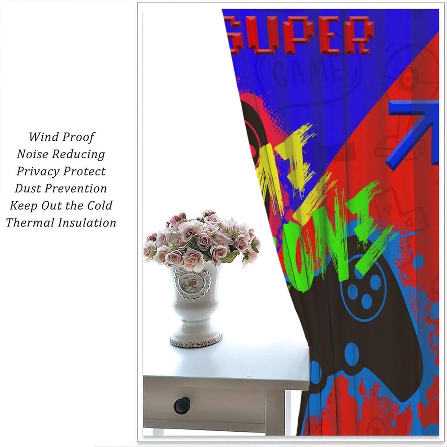 Gaming Gamer Blackout Curtains,Red Blue Patchwork Video Games Controller Gamepad Print Rod Pocket Window Treatments Drapes for Teens Kids Playroom Bedroom 42" W X 54" L