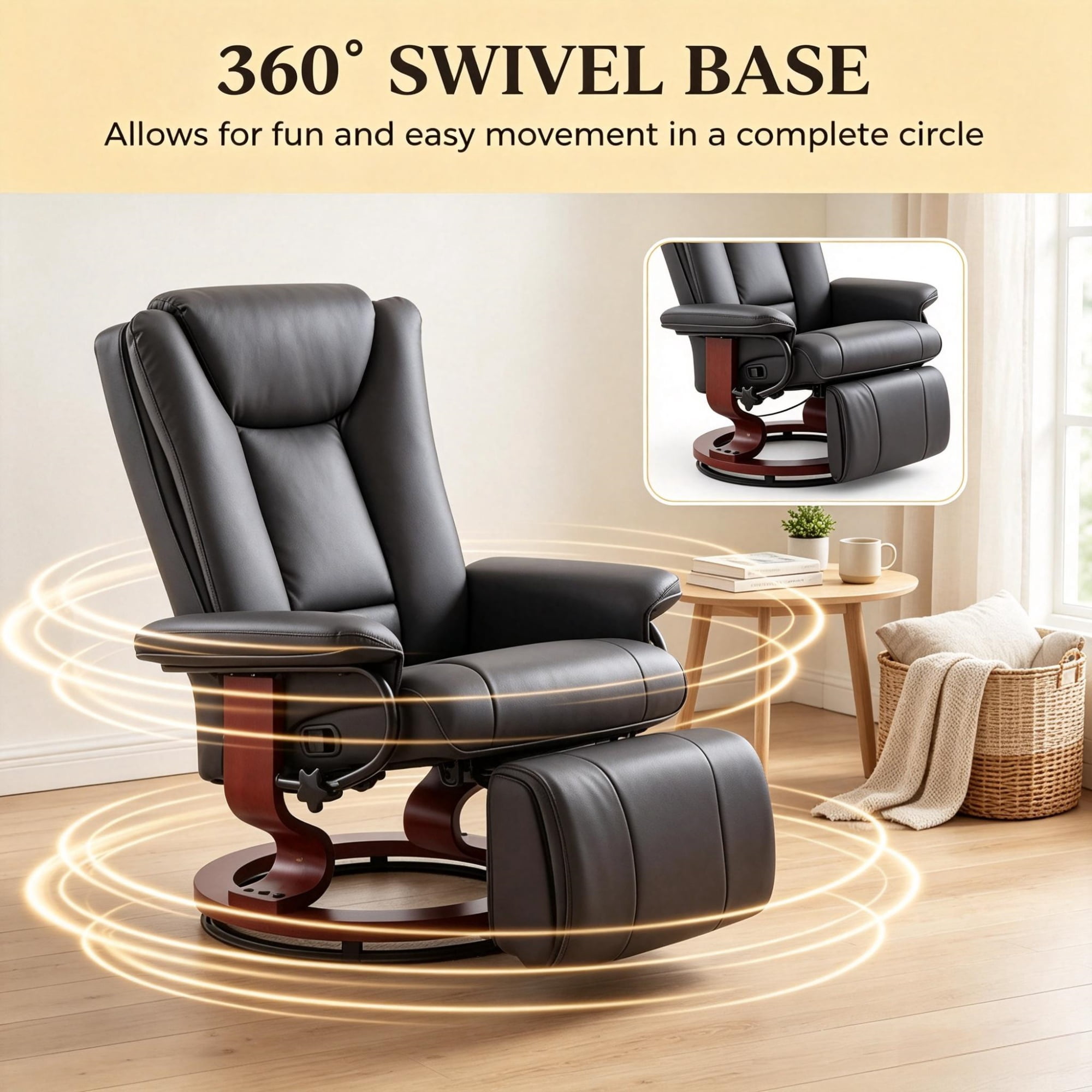 Modern Leather Swivel Recliner with Footrest, Compact Armchair