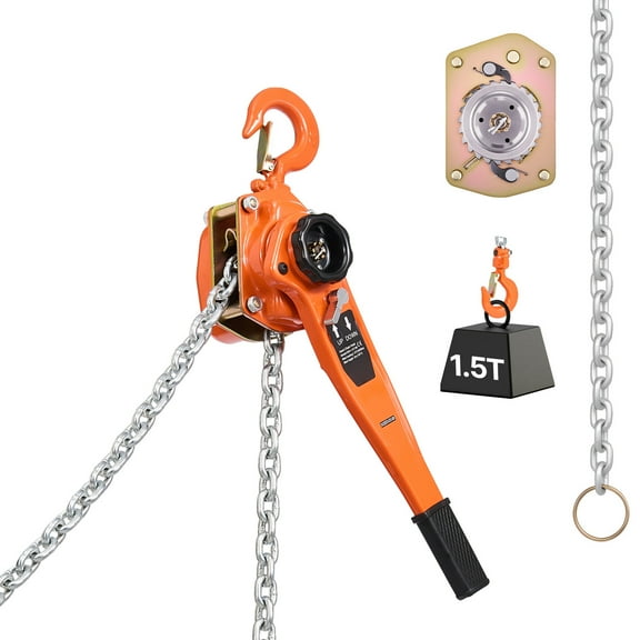 KFFKFF Manual Lever Chain Hoist, 1-1/2T 3300LBS Capacity Heavy Duty Tool, 10FT Lift with G80 Alloy Steel Chain, Dual Pawl Brake System, 360° Rotating Hooks, Ideal for Warehouse, Construction