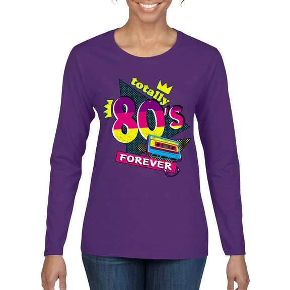 Totally 80's Forever Vintage Womens Graphic Long Sleeve T-Shirt, Purple, Large