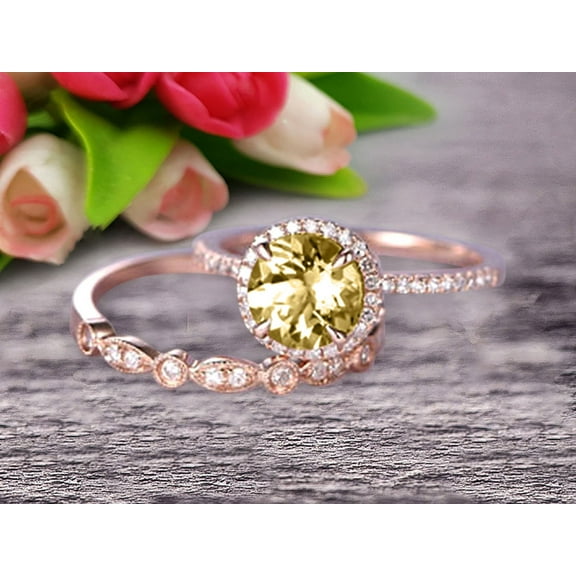 2.25 Carat 6mm Round Cut Champagne Diamond Moissanite Wedding Set Bridal Ring 10k Rose Gold with Art Deco Eternity Matching Band Stacking Ring Halo