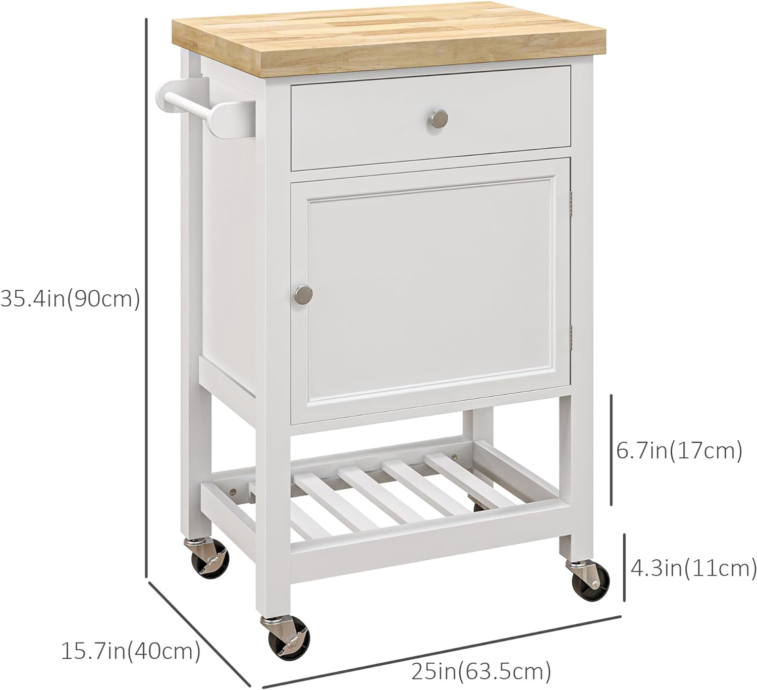Utility Kitchen Cart, Rolling Kitchen Island with Smooth Rubberwood Top, Narrow Butcher Block Surface on Wheels with Storage Drawer & Cabinet, White