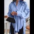 thumbnail image 4 of Camisas de Botones Extragrandes para Mujer, Blusas de Larga con Aberturas, Corte Alto y Bajo Azul L, 4 of 8