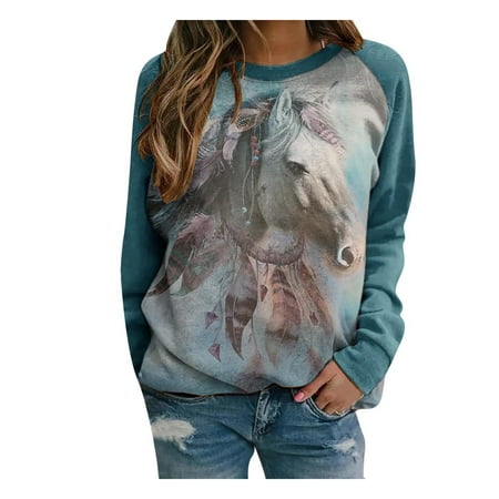 

Pianpianzi V Neck Tops for Women up Apparel Neck Scrub Fashion Women O-neck Horse Printing Splicing Long Sleeves Blouses Easy Tops