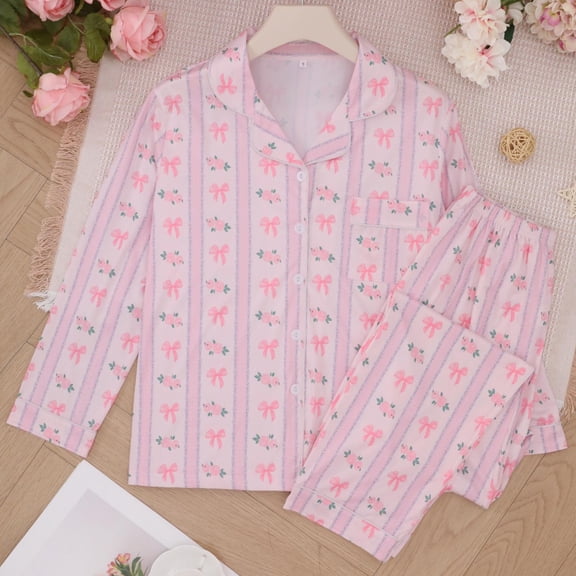Bow Print Pajama Sets For Women Soft And Lightweight Striped Satin Pajama For With Buttoned Cardigan And Relaxed Fit Sleepwear Pink M