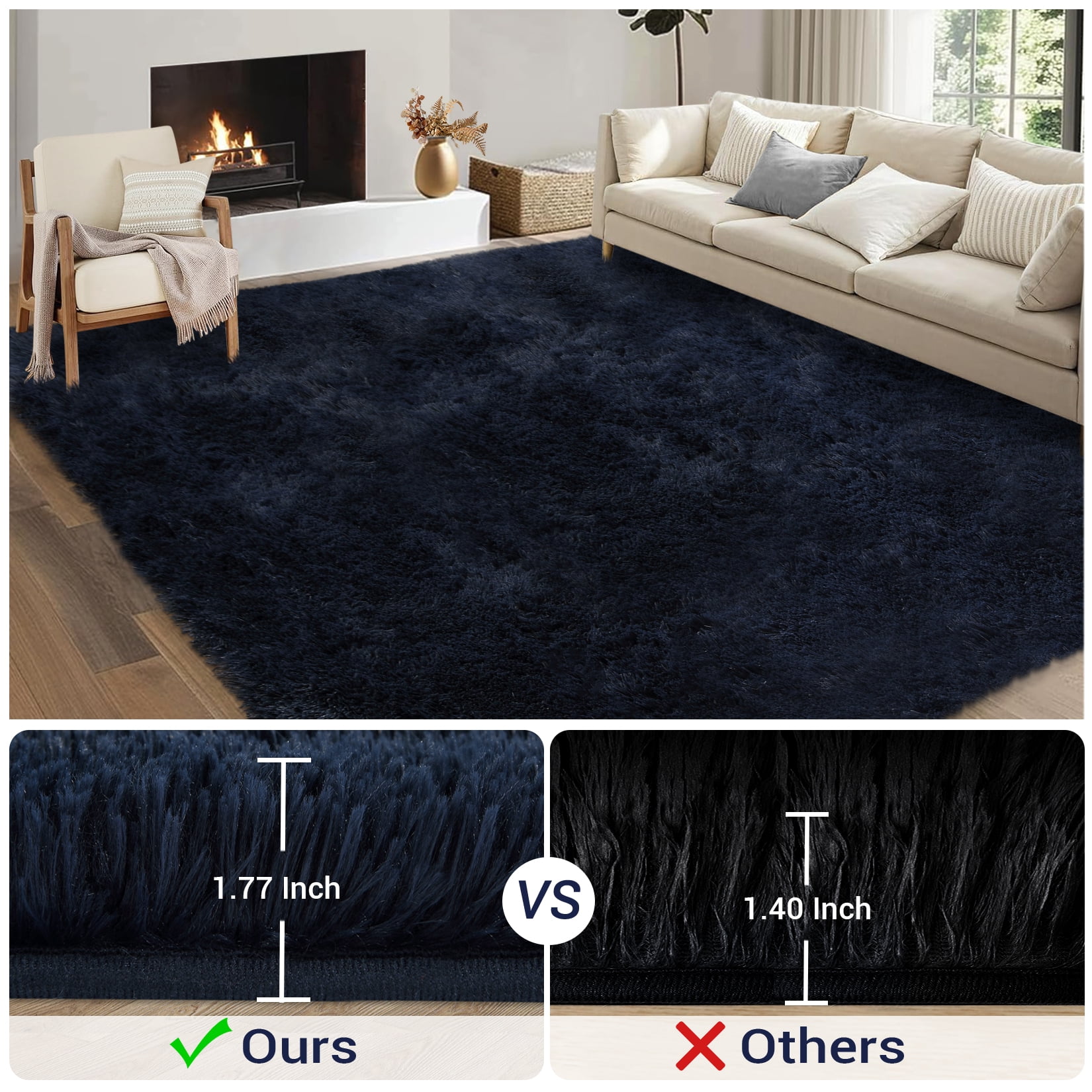 HOMERRY 10 x 13 Fluffy Area Rug for Bedroom, Fuzzy Shag Area Rug for Living Room Non-Skid Plush Large Rug Shaggy Decorative Accent Rug for Indoor Home Floor Carpet, Navy Blue