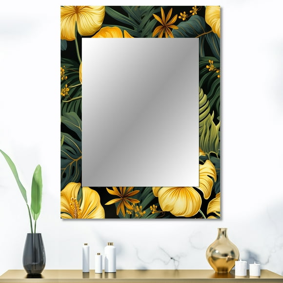Designart "Magical Monstera Wonders" Floral Wall Mirror, Printed Green Wall Mirror, Tropical Bathroom Wall Mirror, Decorative Floral Mirror - 30x40 Inch