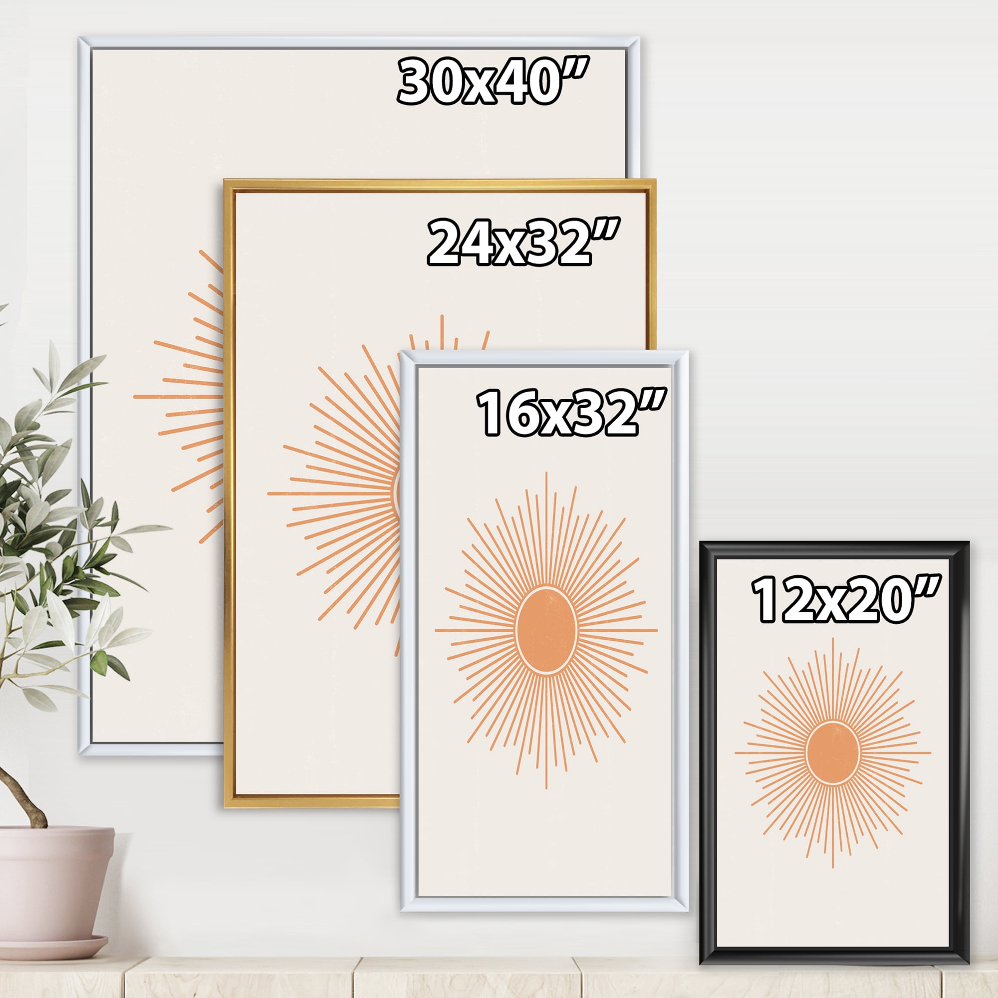 Designart 'Minimal Bright Shining Orange Sun Rays III' Modern Framed Canvas Wall Art Print