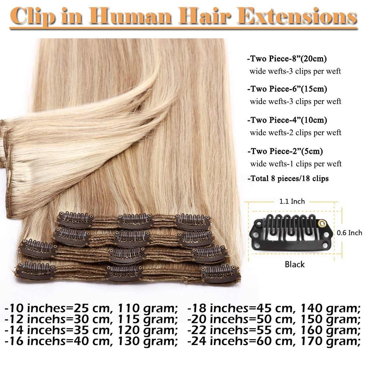 SEGO Clip in 100% Human Hair Extensions Real Thick Remy Hair Full Head 8 PCS Hair Pieces for Woman Balayage Black Brown Blonde