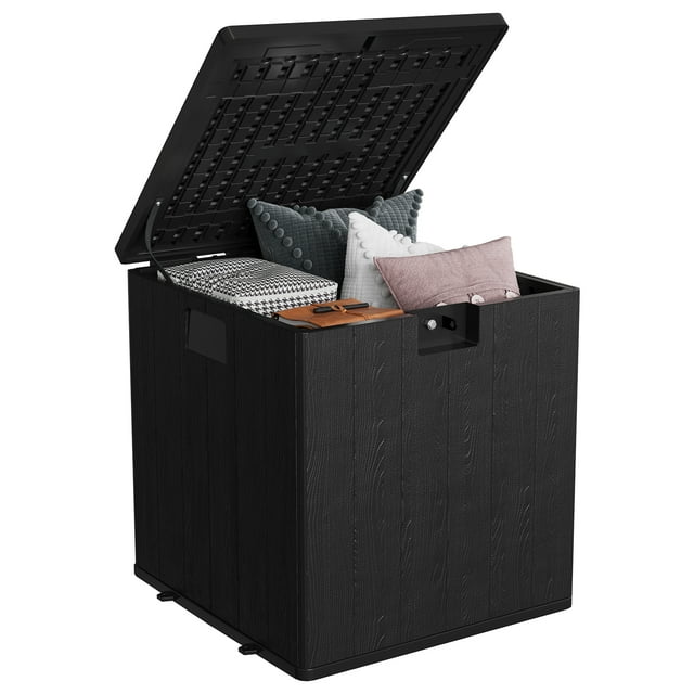 Deck Box 28 Gallon - Outdoor Storage Bin - Waterproof Resin Container - Lockable Lid with Handles - Rattan Style for Cushions Garden Tools Pool Accessories Patio Use - Black