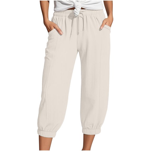 JJHGVB capris pants Lounge Slacks Summer Beach Pants Knee Length Capri Pants pedal pushers for women women's capris mid-calf length Slacks Cropped Pant Wide Leg Preppy Lounge Pant Beige L