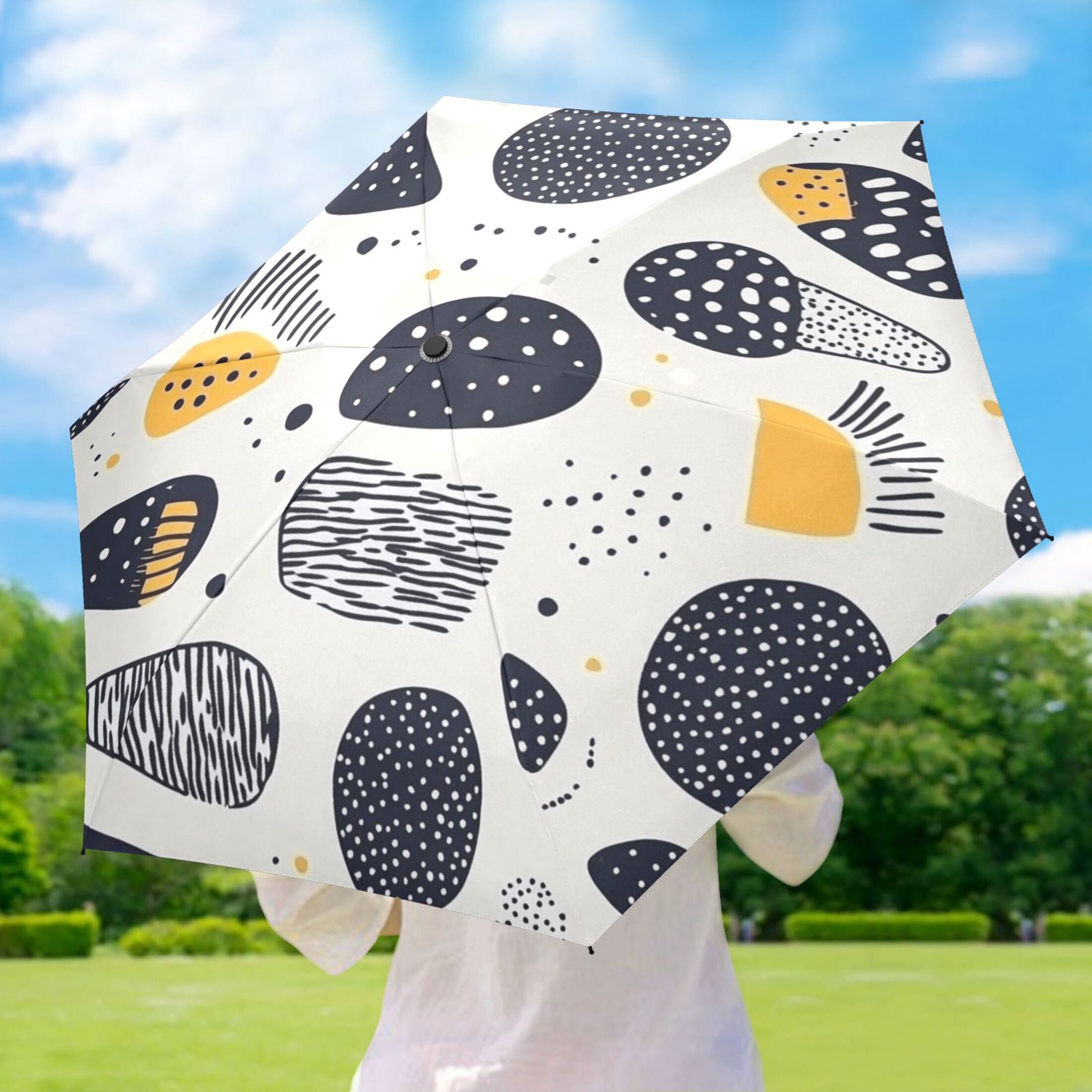 Irregular Dots Design Umbrellas for Sun Auto Open Close UV50+ Waterproof 5-Fold Compact Fiberglass Frame