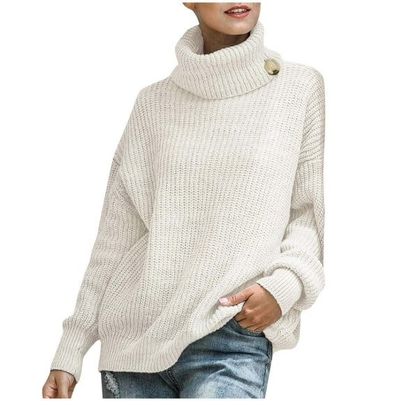 Solid Turtleneck Sweaters Women's Long Batwing Sleeve Knitted Tops Button Casual Loose Jumper White,XL