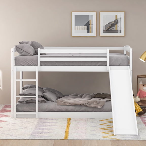 Twin over Twin Bunk Bed with Convertible Slide and Ladder, Low Profile Wood Bunk Bed with Safety Guardrails, Space-Saving Guest Room Bed Frame, White