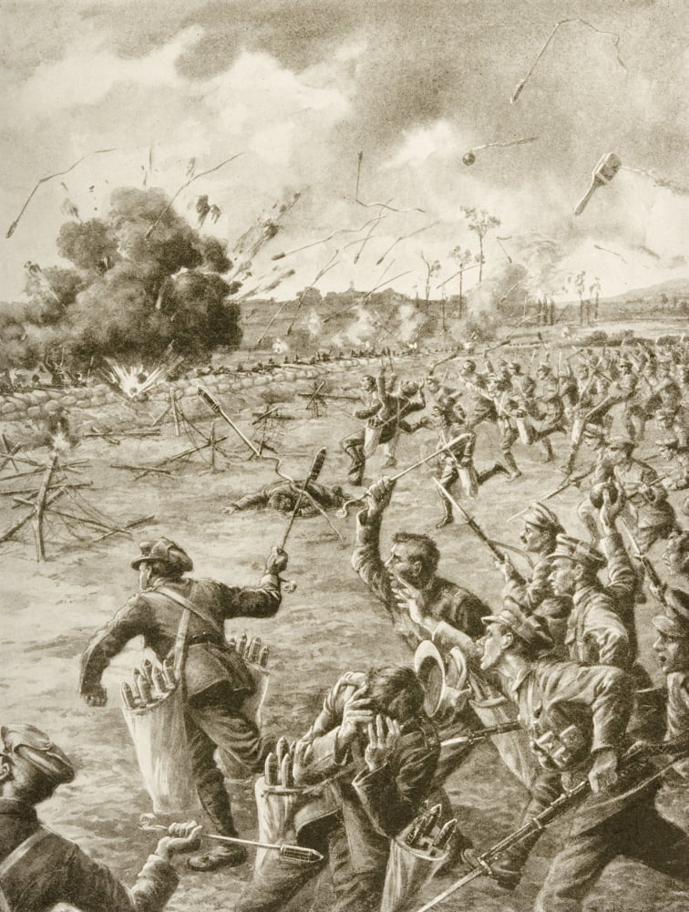 Bombs And Bayonets To The Fore A Daybreak Charge On The British Front The Bombers Supported By Bayonets Used Bombs Of The Rocket Shape On This Occasion Carried In Panniers Or Canvas Bags The Piece Of