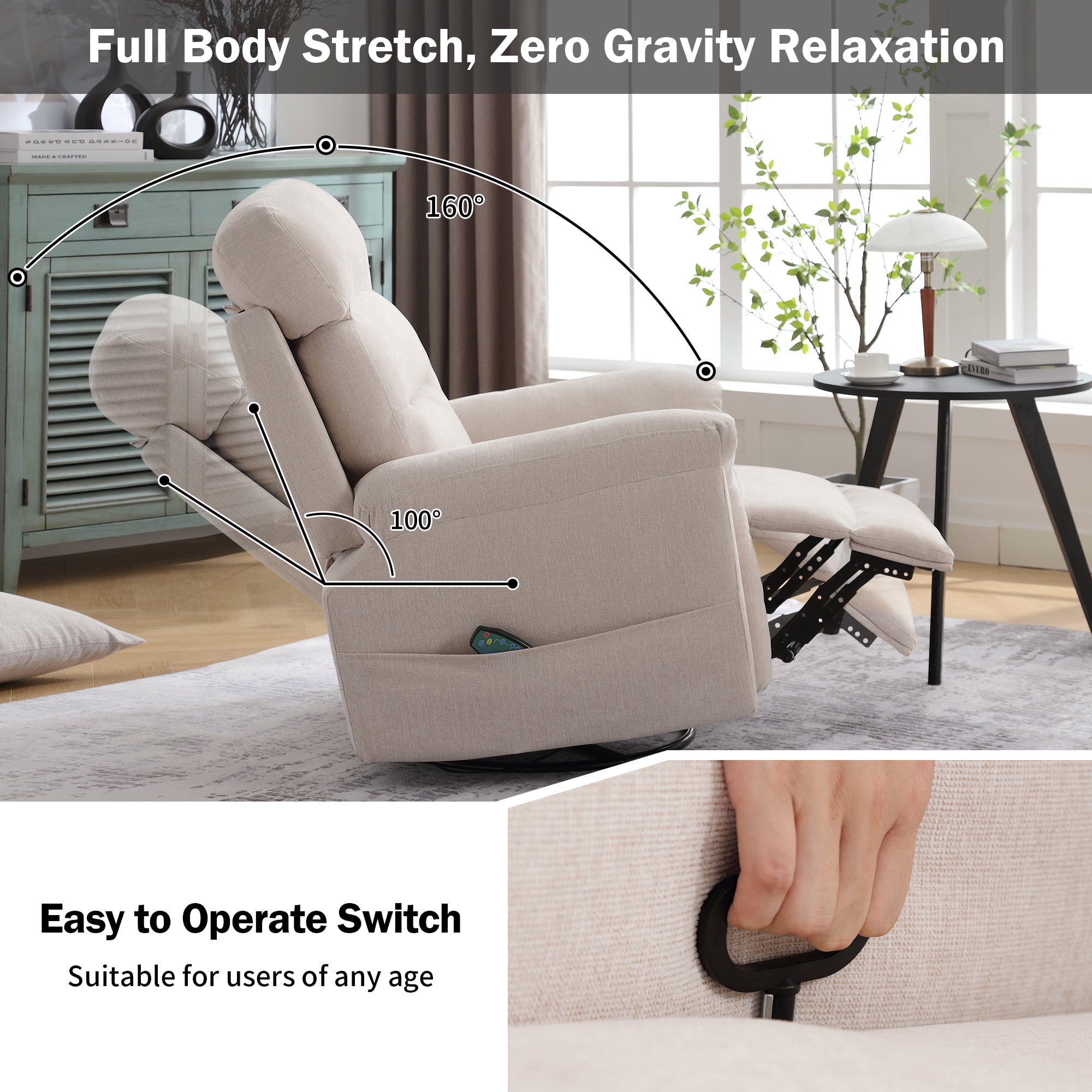 JONPONY Massage Rocker Recliner Chair with Vibration Massage and Heat for Living Room Swivel Recliner Chair with Rocking Function, Side Pocket, USB Charge Port, Beige
