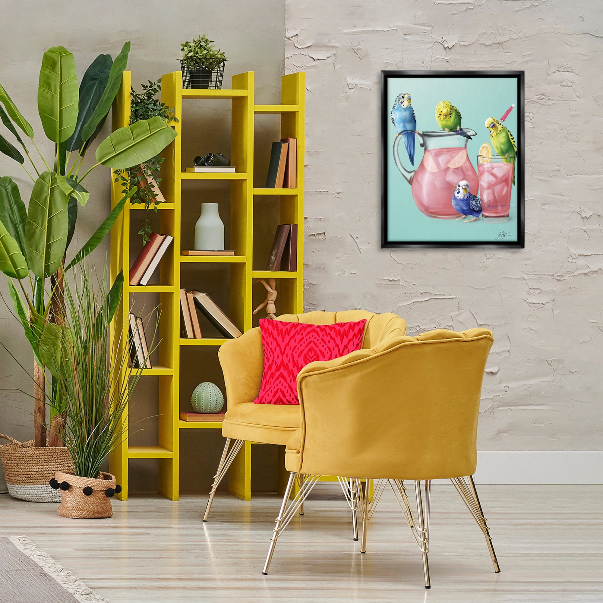 Stupell Industries Budgies & Pink Lemonade Food & Beverage Painting Black Floater Framed Canvas Art Print Wall Art, 17 x 21