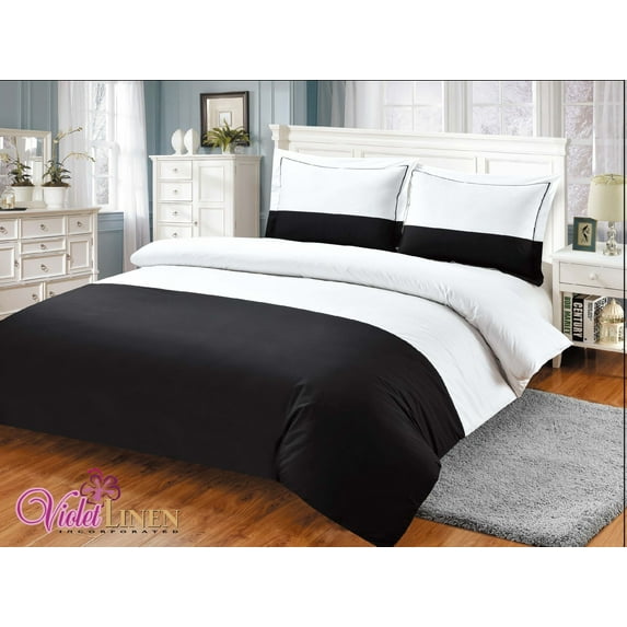 Violet Linen French Sateen Hotel Pattern, 300 Thread Count - Cotton Sateen, Black , Queen Bedding Duvet Cover Set