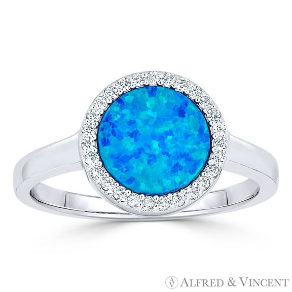Synthetic Opal & CZ Crystal Halo Right-Hand Ring in .925 Sterling Silver w/ Rhodium