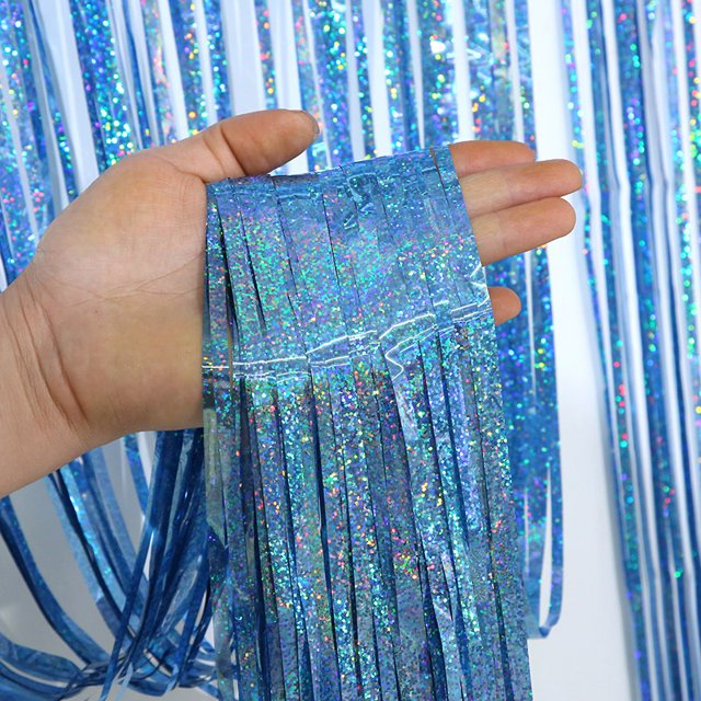 1 cortina de seda con forma de lluvia láser de 2 metros, fondo para fiesta de cumpleaños, decoración, accesorios, borlas, cortina de puerta, fondo de pared