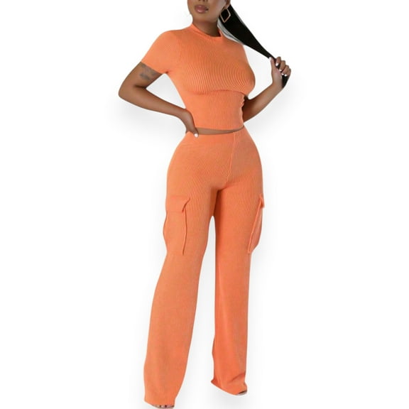 Women’s Orange Ribbed 2‑Piece Set – Crop Top & High‑Waisted Work Pants, Summer Streetwear