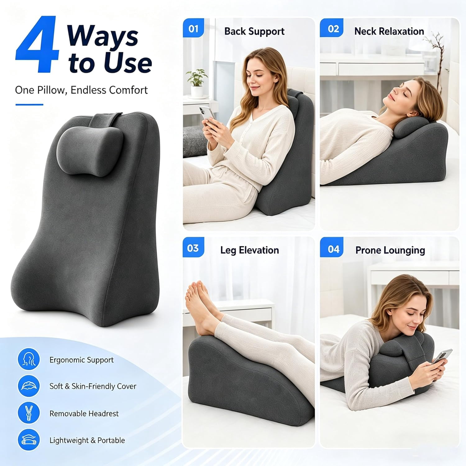 Couch Wedge Pillow for Sofa – Sloped Support Cushion for Yoga, Reading, Lounging & Evening Relaxation, Designed for Everyday Comfort and Easy Home Use(Light Gray)