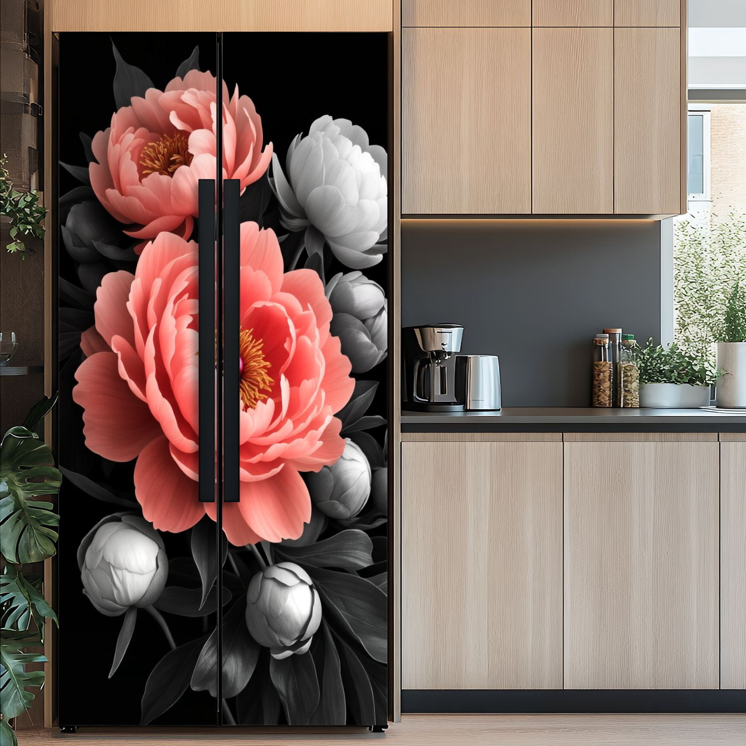 Self Adhesive Vinyl Refrigerator Wrap Set Peony Flower Pink Petals Yellow Stamen Gray Leaves Black Door Mural Removable Fridge Sticker Peel and Stick&nbsp;Full Door Cover Decal Kitchen Bar Decor