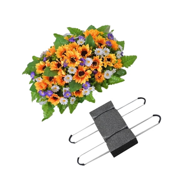 1Pc Yellow Sunflower Cemetery Grave Saddle, 19.7" Headstone Flower Arrangements, Wind-Proof Weatherproof Tombstone Flowers with Non-Slip Metal Stand