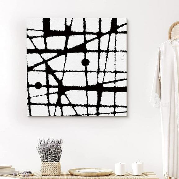 PixonSign Canvas Print Wall Art Line and Dot Grid Geometric Shapes Illustrations Modern Art Alternative Edgy Dark Black and White for Living Room, Bedroom, Office - 24"x24"