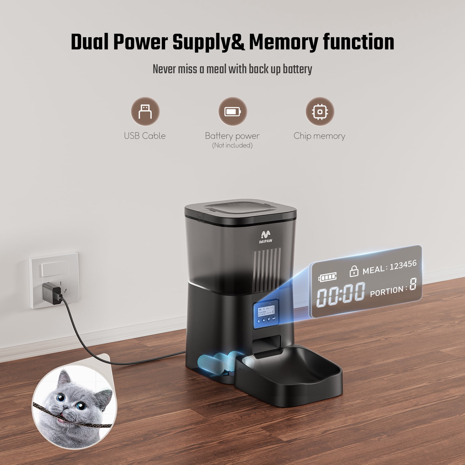 IMIPAW 3L Automatic Cat Feeder – Smart Pet Food Dispenser for Cats & Dogs with LCD Display, Programmable Timer, Dual Power Supply, 4 Meals/Day, 1–9 Portion Control, Easy to Clean, Fresh-Keeping Desi