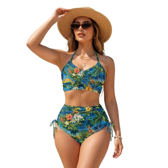 Garronmavis Women's High Waisted Bikini Sets 2 Piece Beach Swim Bathing Suits Crisscross Back Self Tie Swimwear Drawstring Bathing Suits