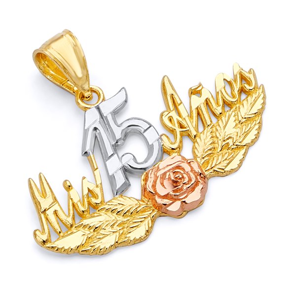 Wellingsale 14K Tri 3 Color Gold Polished Ornate Sweet 15 Charm Pendant with Rose Accent