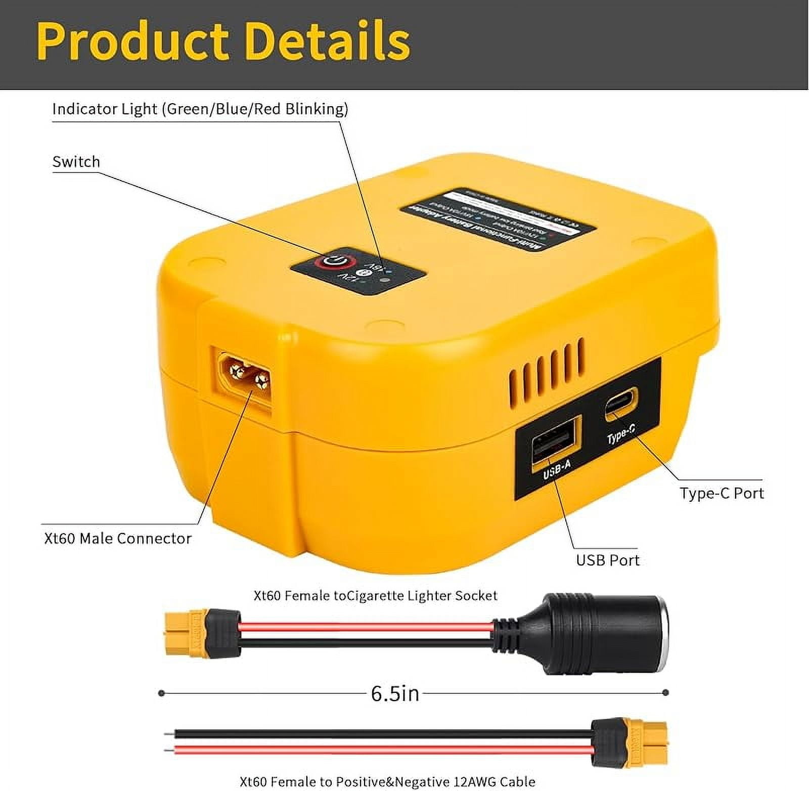 for Power Wheels Battery Adapter Compatible with Dewalt 20V Max Battery, 20V to 12V Step Down Power Converter with USB & Type C, XT60 Ports for RC Cars, DIY, Car Appliance (1 Pack)