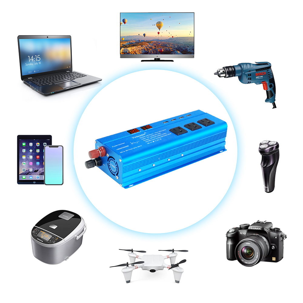 Yinleader 1000 Watt Pure Sine Wave Power Inverter 12V to 110V Car RV Converter 3Sockets 4USB LED Display