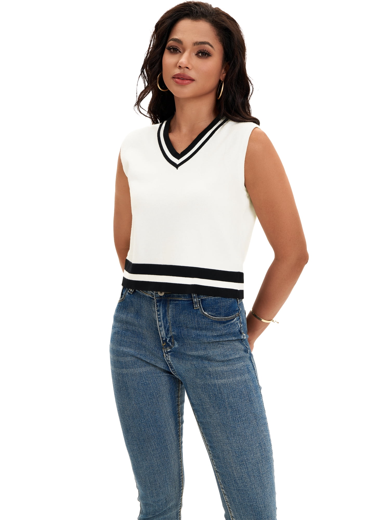 DARING DIVA Women's Cropped Sweater Vest Summer Tank Tops L White Black
