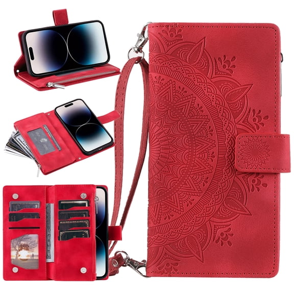 Zipper Wallet Case for iPhone 17 Pro Stylish Embossed Pattern PU Leather [RFID Blocking] Multi Card Slots Magnetic Clasp Flip Kickstand Crossbody Case with Shoulder Strap,Red
