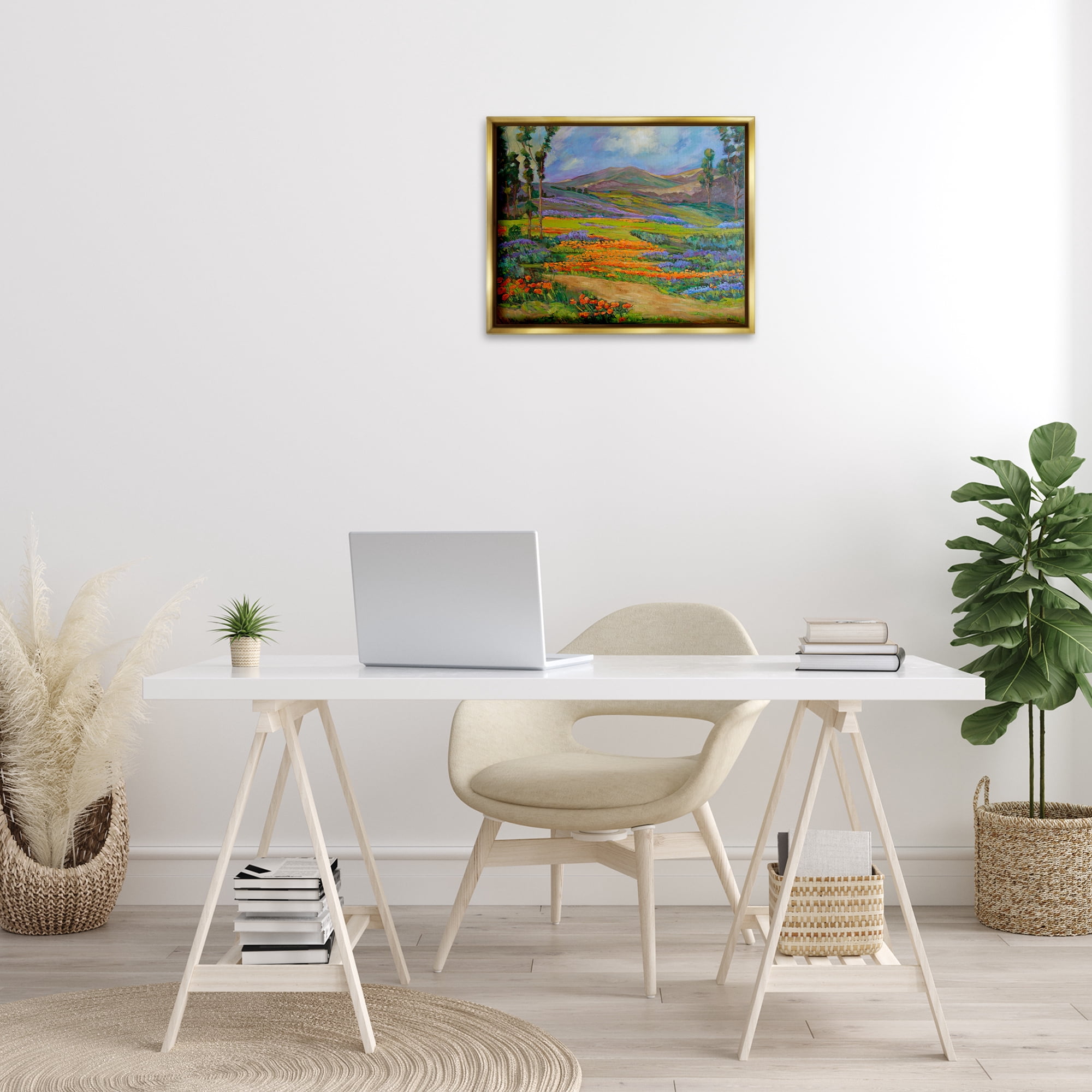 Stupell Industries Bountiful Meadow Landscape Landscape & Nature Painting Gold Floater Framed Canvas Art Print Wall Art, 21 x 17