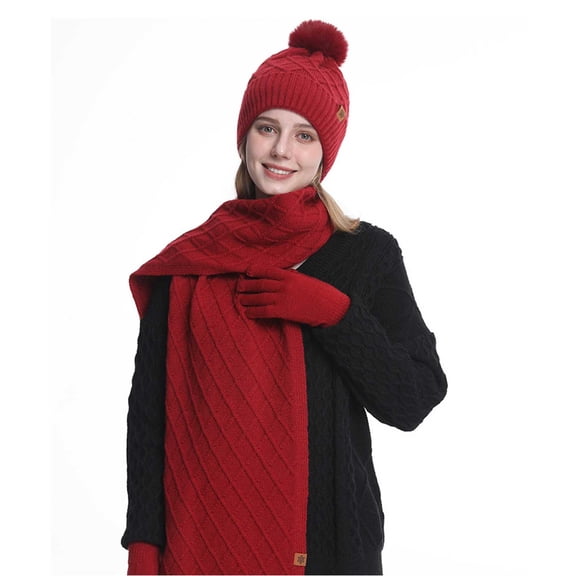 Women's Cable Knit Beanie Hat with Pom Poms Long Scarf Soft Glove Solid Color for Cold Weather Red-2 Free Size