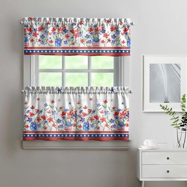 4th of July Kitchen Curtains and Valance 3pcs,Patriot Poppy Kitchen Decor for Home Indoor Decor,Independence Day Kitchen Curtains and Valance Set Short Curtain Sink Window 4th of July Decor 24In