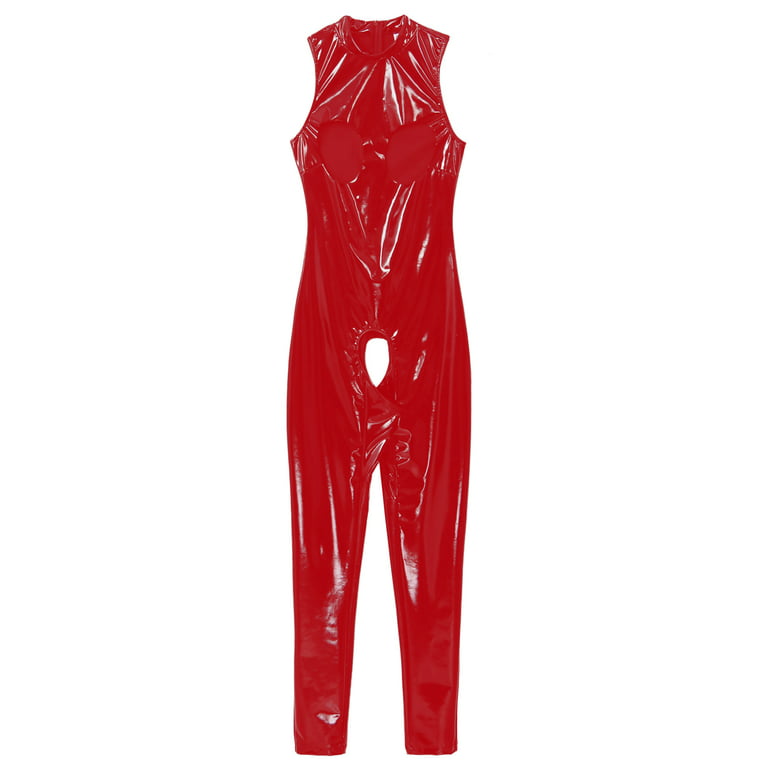 CHICTRY Womens Patent Leather Bodysuit Crotchless Catsuit Jumpsuit