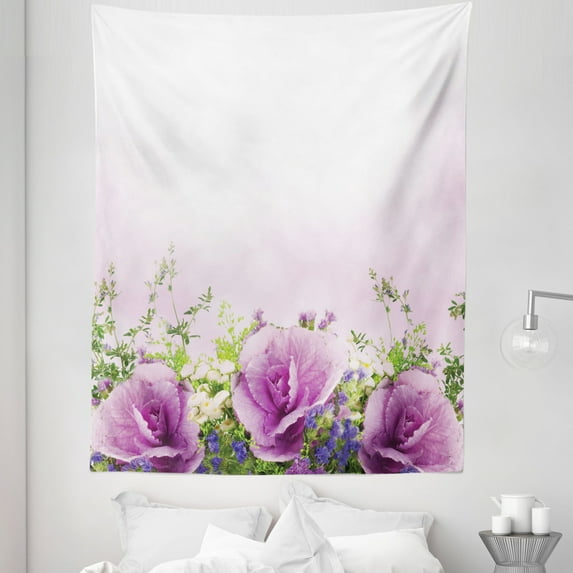 Romance Tapestry, Spring Cabbage Flowers in Fragrant Bouquet with Partially Shaded Color Romance, Fabric Wall Hanging Decor for Bedroom Living Room Dorm, 5 Sizes, Lavender Green, by Ambesonne