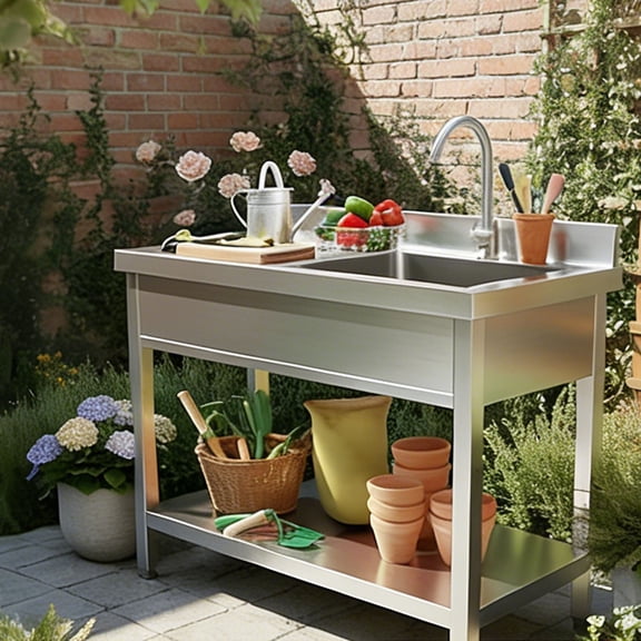 Commercial Sink with Drainboard Stainless Steel Utility Sink with Faucet Free Standing Single Bowl Kitchen Sink with Workbench for Restaurant Garage Outdoor, 39.37"D x20.47"W x39.37"H