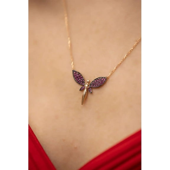 1CT Red Ruby 925 Silver Women's Dragonfly Pendant 14k Two-Tone Gold Plated