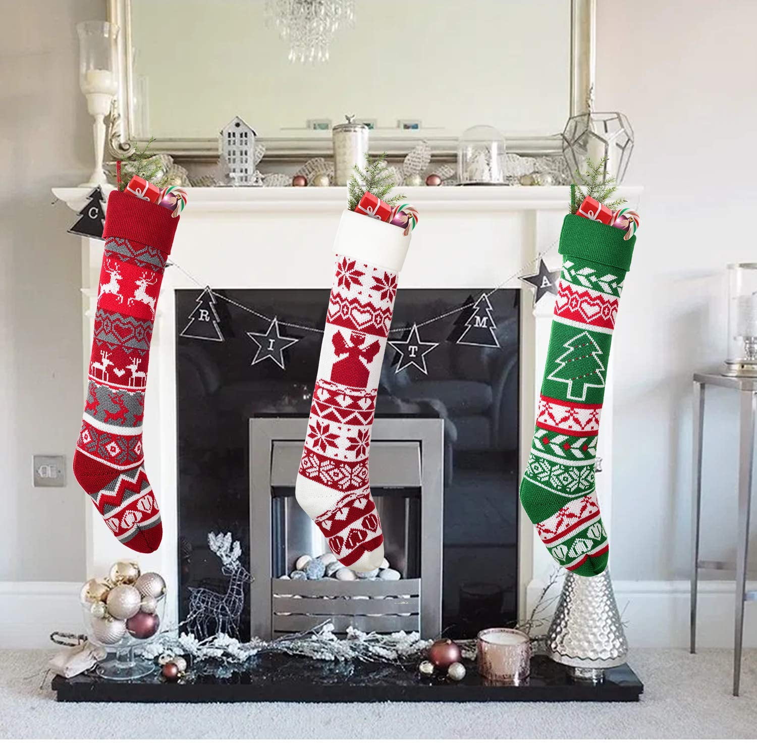 LOMOHOO Pack 4 Christmas Stockings 18 Large Christmas Knitted Stockings Xmas Rustic Christmas Decorations for Fireplace Xmas Party Holiday Burgundy,Gray,Green,Ivory- 4 Pack